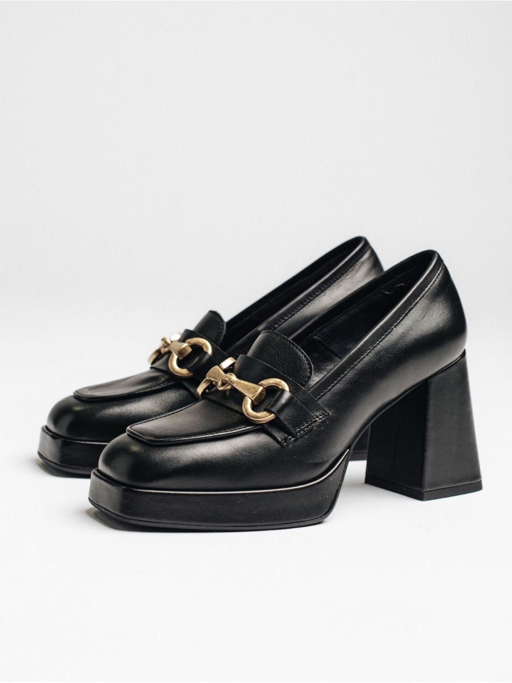 Black Leather Platform Loafers with Gold Chain Accent